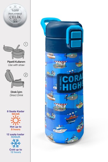 Coral High Kids Lacivert Mavi Gemi Desenli Pipetli ve Direkt İçim Çelik Termos 500 ml 31973 