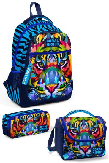 Coral High Kids Lacivert Mavi Kaplan Desenli 3’lü Okul Çanta Seti SET0123483 - Coral High KIDS