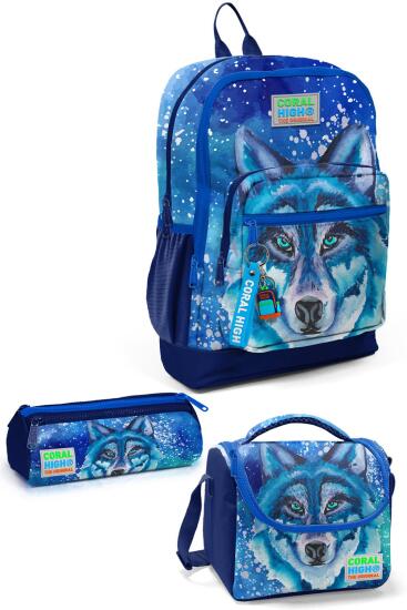 Coral High Kids Lacivert Mavi Kurt Desenli 3’lü Okul Çanta Seti SET0123743 