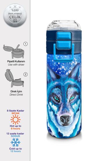Coral High Kids Lacivert Mavi Kurt Desenli Pipetli ve Direkt İçim Çelik Termos 500 ml 31945 - Coral High KIDS