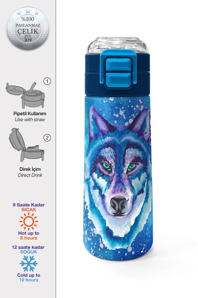 Coral High Kids Lacivert Mavi Kurt Desenli Pipetli ve Direkt İçim Çelik Termos 500 ml 31945 - 1