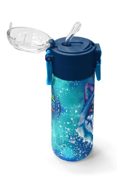 Coral High Kids Lacivert Mavi Kurt Desenli Pipetli ve Direkt İçim Çelik Termos 500 ml 31945 - 5