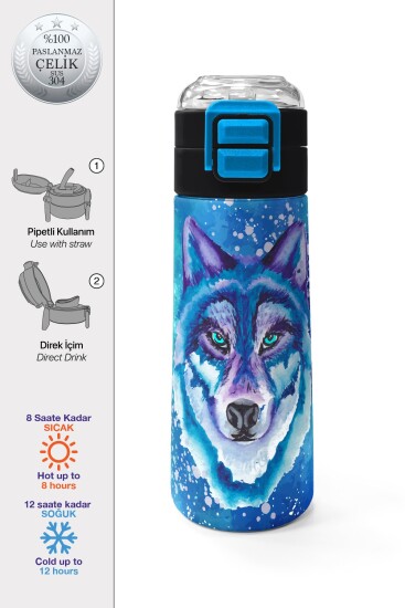 Coral High Kids Lacivert Mavi Kurt Desenli Pipetli ve Direkt İçim Çelik Termos 500 ml 31945 