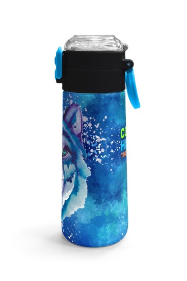 Coral High Kids Lacivert Mavi Kurt Desenli Pipetli ve Direkt İçim Çelik Termos 500 ml 31945 - 3