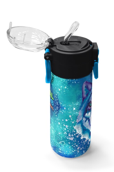 Coral High Kids Lacivert Mavi Kurt Desenli Pipetli ve Direkt İçim Çelik Termos 500 ml 31945 - 5