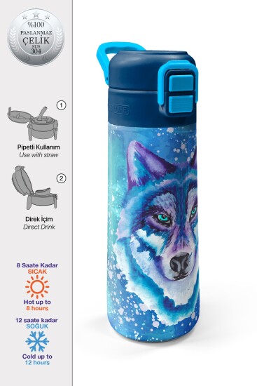 Coral High Kids Lacivert Mavi Kurt Desenli Pipetli ve Direkt İçim Çelik Termos 500 ml 31945 