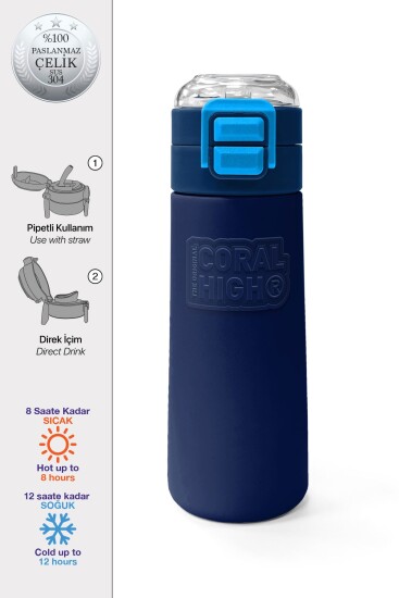 Coral High Kids Lacivert Mavi Pipetli ve Direkt İçim Çelik Termos 500 ml 31828 