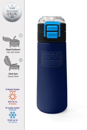 Coral High Kids Lacivert Mavi Pipetli ve Direkt İçim Çelik Termos 500 ml 31828 