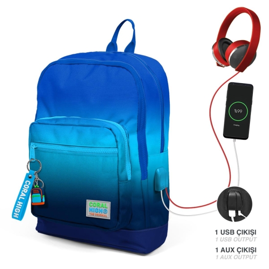 Coral High Kids Lacivert Mavi Renk Geçişli Dört Bölmeli USB'li Okul Sırt Çantası 23845 - Coral High KIDS