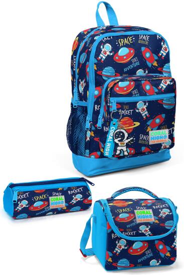 Coral High Kids Lacivert Mavi Uzay Desenli 3’lü Okul Çanta Seti SET0123470 - CORAL HIGH KIDS