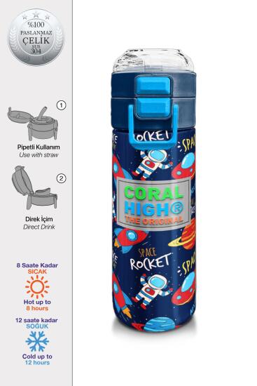Coral High Kids Lacivert Mavi Uzay Desenli Pipetli ve Direkt İçim Çelik Termos 500 ml 31917 - Coral High KIDS