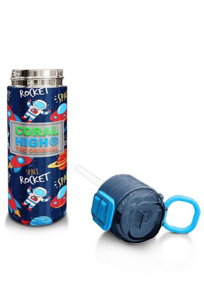 Coral High Kids Lacivert Mavi Uzay Desenli Pipetli ve Direkt İçim Çelik Termos 500 ml 31917 - 4