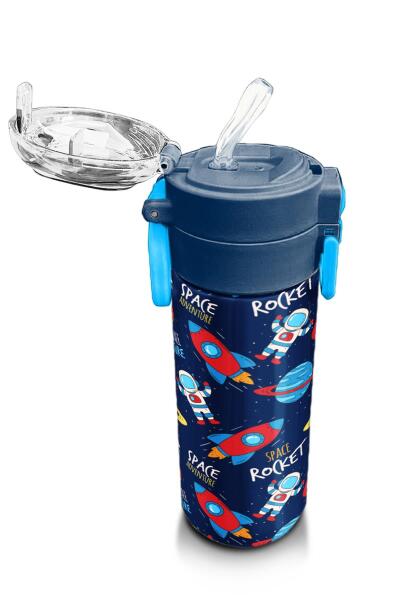 Coral High Kids Lacivert Mavi Uzay Desenli Pipetli ve Direkt İçim Çelik Termos 500 ml 31917 - 5