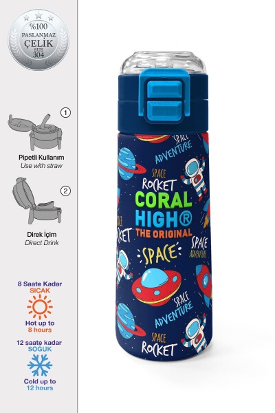 Coral High Kids Lacivert Mavi Uzay Desenli Pipetli ve Direkt İçim Çelik Termos 500 ml 31917 - 1