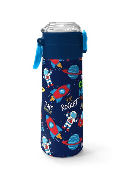 Coral High Kids Lacivert Mavi Uzay Desenli Pipetli ve Direkt İçim Çelik Termos 500 ml 31917 - 2