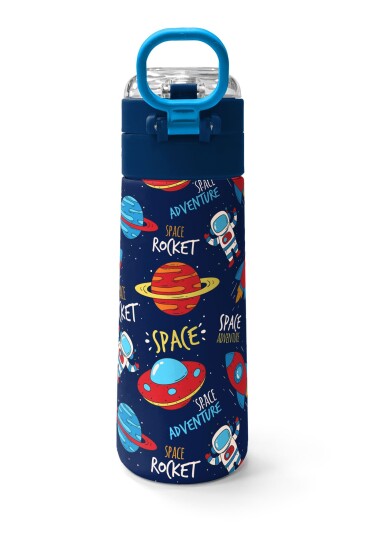 Coral High Kids Lacivert Mavi Uzay Desenli Pipetli ve Direkt İçim Çelik Termos 500 ml 31917 - 4