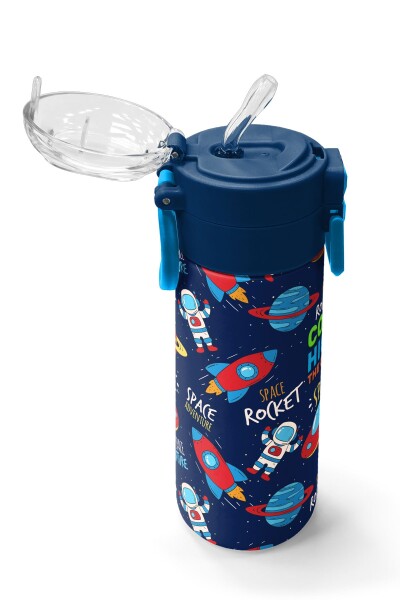 Coral High Kids Lacivert Mavi Uzay Desenli Pipetli ve Direkt İçim Çelik Termos 500 ml 31917 - 5