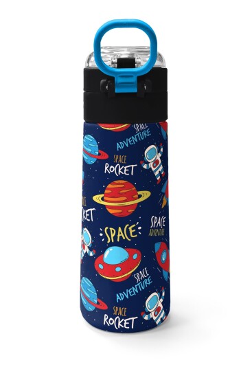 Coral High Kids Lacivert Mavi Uzay Desenli Pipetli ve Direkt İçim Çelik Termos 500 ml 31917 - 4