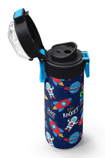 Coral High Kids Lacivert Mavi Uzay Desenli Pipetli ve Direkt İçim Çelik Termos 500 ml 31917 - 6
