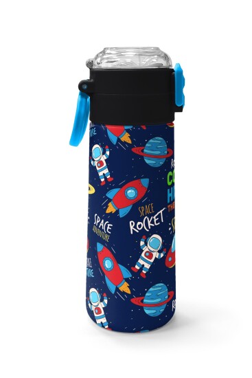 Coral High Kids Lacivert Mavi Uzay Desenli Pipetli ve Direkt İçim Çelik Termos 500 ml 31917 - 2