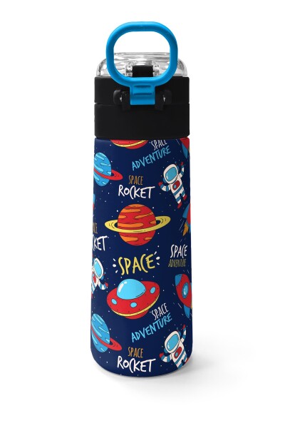Coral High Kids Lacivert Mavi Uzay Desenli Pipetli ve Direkt İçim Çelik Termos 500 ml 31917 - 4