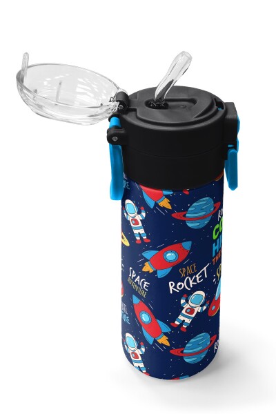 Coral High Kids Lacivert Mavi Uzay Desenli Pipetli ve Direkt İçim Çelik Termos 500 ml 31917 - 5