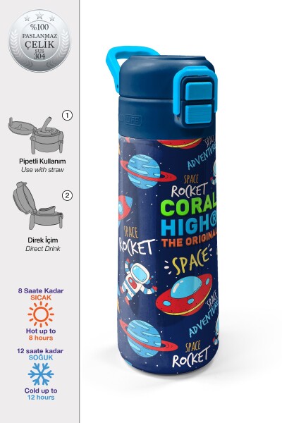 Coral High Kids Lacivert Mavi Uzay Desenli Pipetli ve Direkt İçim Çelik Termos 500 ml 31917 - 1