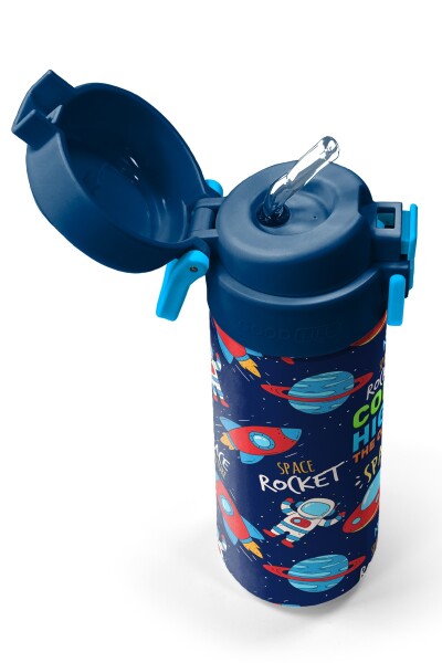 Coral High Kids Lacivert Mavi Uzay Desenli Pipetli ve Direkt İçim Çelik Termos 500 ml 31917 - 2
