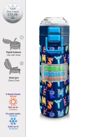 Coral High Kids Lacivert Neon Sarı Desenli Pipetli ve Direkt İçim Çelik Termos 500 ml 31935 - Coral High KIDS