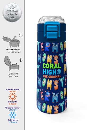 Coral High Kids Lacivert Neon Sarı Desenli Pipetli ve Direkt İçim Çelik Termos 500 ml 31935 