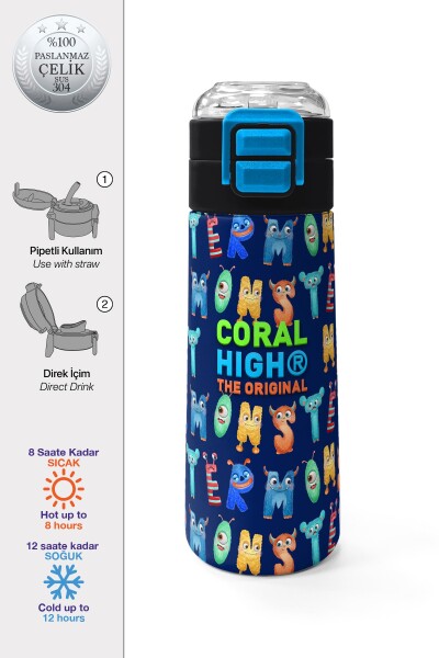 Coral High Kids Lacivert Neon Sarı Desenli Pipetli ve Direkt İçim Çelik Termos 500 ml 31935 - 1