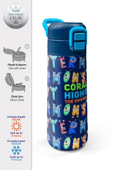 Coral High Kids Lacivert Neon Sarı Desenli Pipetli ve Direkt İçim Çelik Termos 500 ml 31935 