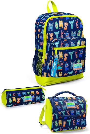 Coral High Kids Lacivert Neon Sarı Monster Desenli 3’lü Okul Çanta Seti SET0123726 