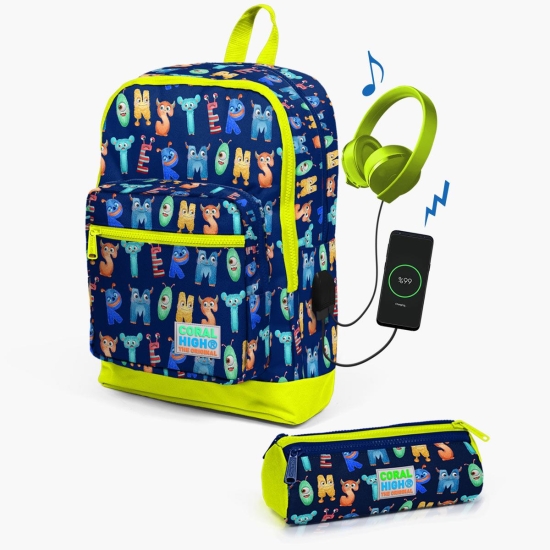 Coral High Kids Lacivert Neon Sarı Monster Desenli USB'li 2'li Okul Çanta Seti SET0123826 - 1