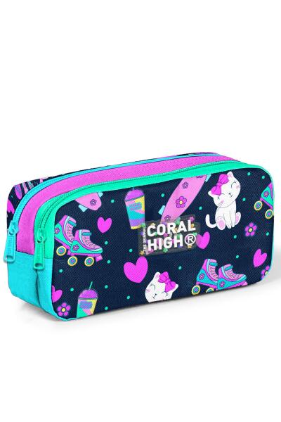 Coral High Kids Lacivert Pembe Kedili Paten Desenli İki Bölmeli Kalem Çantası 12091 - 1