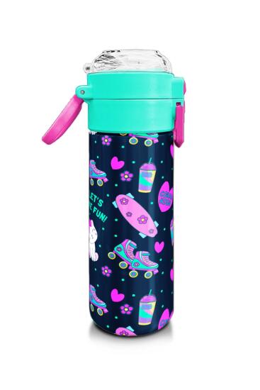 Coral High Kids Lacivert Pembe Kedili Paten Desenli Pipetli ve Direkt İçim Çelik Termos 500 ml 31983 - 2
