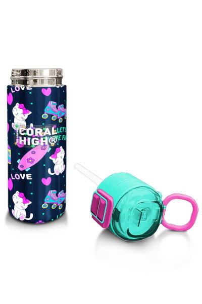 Coral High Kids Lacivert Pembe Kedili Paten Desenli Pipetli ve Direkt İçim Çelik Termos 500 ml 31983 - 4