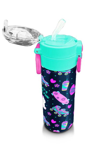 Coral High Kids Lacivert Pembe Kedili Paten Desenli Pipetli ve Direkt İçim Çelik Termos 500 ml 31983 - 5