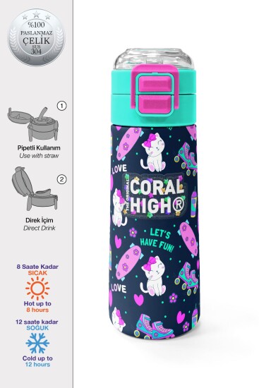 Coral High Kids Lacivert Pembe Kedili Paten Desenli Pipetli ve Direkt İçim Çelik Termos 500 ml 31983 - Coral High KIDS