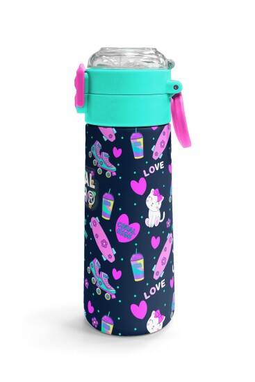 Coral High Kids Lacivert Pembe Kedili Paten Desenli Pipetli ve Direkt İçim Çelik Termos 500 ml 31983 - 3