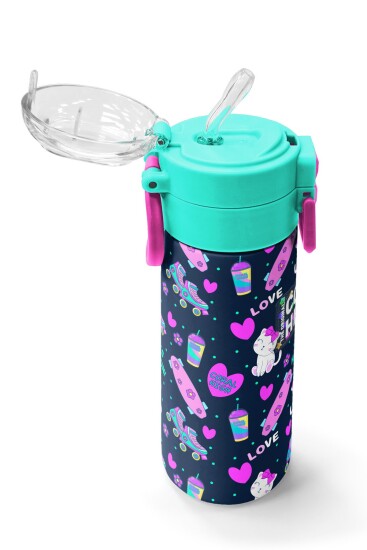 Coral High Kids Lacivert Pembe Kedili Paten Desenli Pipetli ve Direkt İçim Çelik Termos 500 ml 31983 - 5