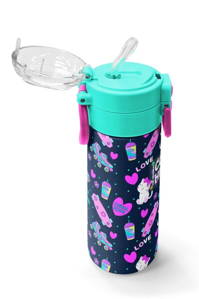 Coral High Kids Lacivert Pembe Kedili Paten Desenli Pipetli ve Direkt İçim Çelik Termos 500 ml 31983 - 5