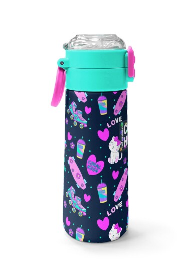 Coral High Kids Lacivert Pembe Kedili Paten Desenli Pipetli ve Direkt İçim Çelik Termos 500 ml 31983 - 2
