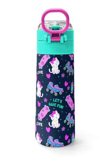 Coral High Kids Lacivert Pembe Kedili Paten Desenli Pipetli ve Direkt İçim Çelik Termos 500 ml 31983 - 4