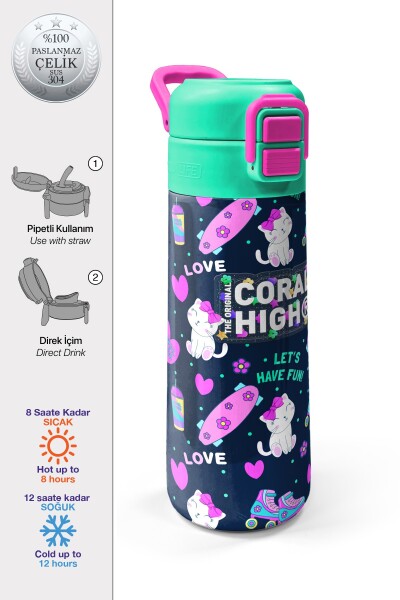 Coral High Kids Lacivert Pembe Kedili Paten Desenli Pipetli ve Direkt İçim Çelik Termos 500 ml 31983 - 1
