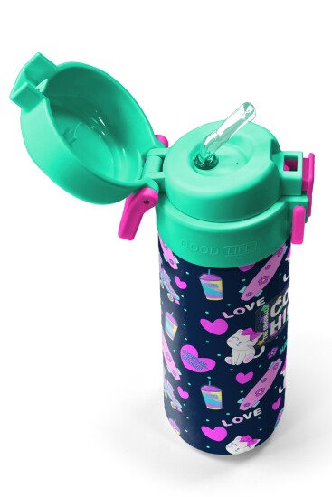 Coral High Kids Lacivert Pembe Kedili Paten Desenli Pipetli ve Direkt İçim Çelik Termos 500 ml 31983 - 2
