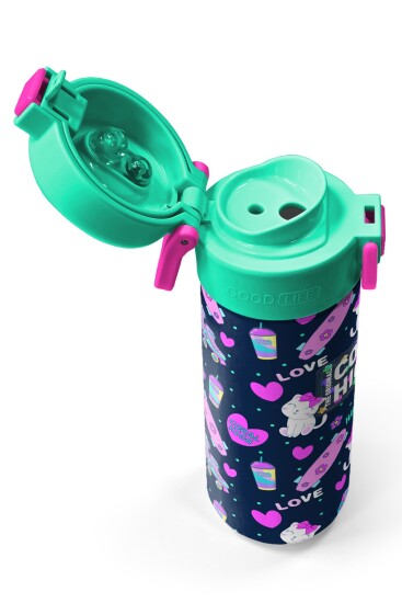 Coral High Kids Lacivert Pembe Kedili Paten Desenli Pipetli ve Direkt İçim Çelik Termos 500 ml 31983 - 3