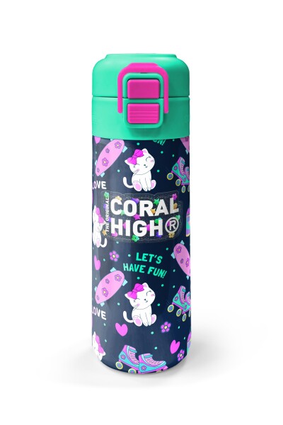 Coral High Kids Lacivert Pembe Kedili Paten Desenli Pipetli ve Direkt İçim Çelik Termos 500 ml 31983 - 4