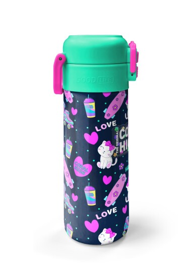 Coral High Kids Lacivert Pembe Kedili Paten Desenli Pipetli ve Direkt İçim Çelik Termos 500 ml 31983 - 5