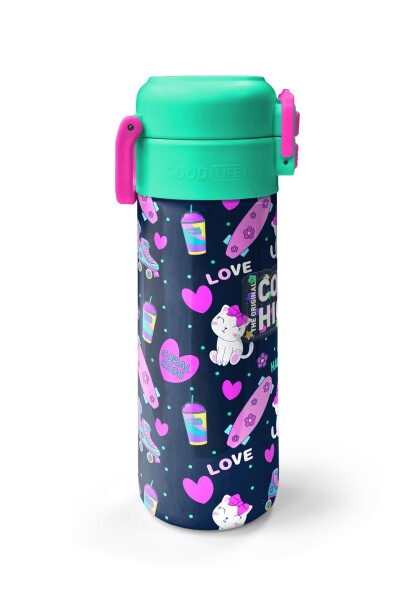 Coral High Kids Lacivert Pembe Kedili Paten Desenli Pipetli ve Direkt İçim Çelik Termos 500 ml 31983 - 5